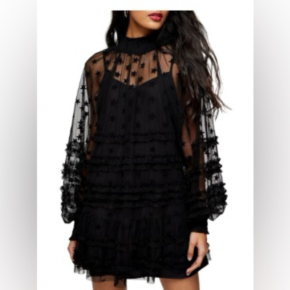 Topshop Star Mesh Long Sleeve Minidress with Slip in Black